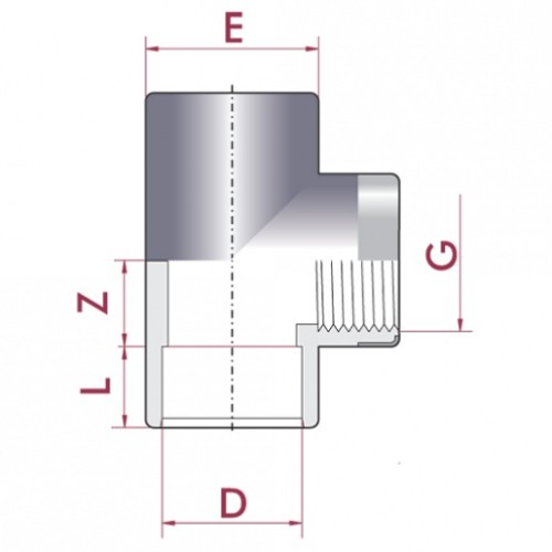 Тройник 90° ПВХ Cepex (клей - внутренняя резьба BSP, усиленная кольцом), диаметр 20 мм x ½", PN=16