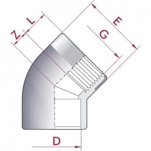 Отвод 45° ПВХ Cepex (клей - внутренняя резьба BSP, усиленная кольцом), диаметр 20 мм x ½", PN=16