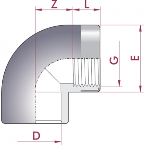 Отвод 90° ПВХ Cepex (клей - внутренняя резьба BSP, усиленная кольцом), диаметр 20 мм x ½", PN=16