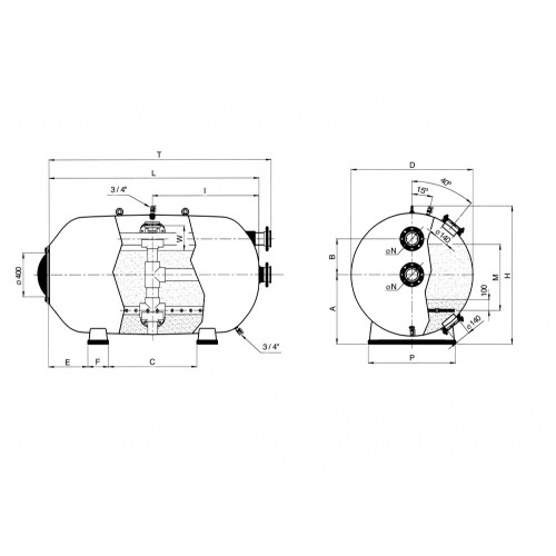 Фильтры Astralpool Rodas диаметром 1050 мм (Макс раб. давл. 2,5 кг/см², фильтрующий слой 0,6 м). Длина 2700 мм, патрубок 125 мм