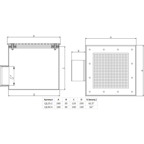 Донный слив квадратный сетчатый Xenozone 250х250х120 нержавеющая сталь AISI-304 подключение внутреннее 2,5" (плёнка) /СД.25.2/