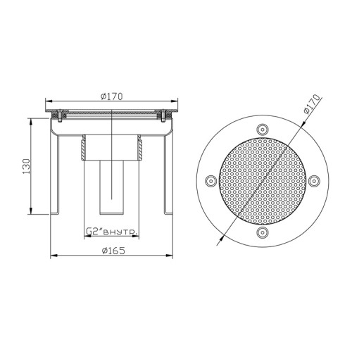 Водозабор с сетчатой крышкой д.165 (плёнка) G2" (внутр.) нержавеющая сталь AISI-304 /ВЗ.620.4/